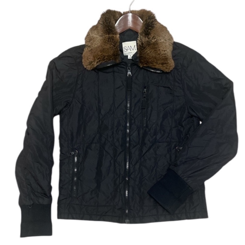 SAM NYC Rabbit Fur Collar Quilted Jacket Black Thermolite Size S